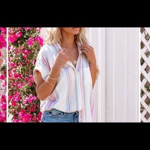 STRIPED SHIMMER WOVEN BUTTON DOWN TOP